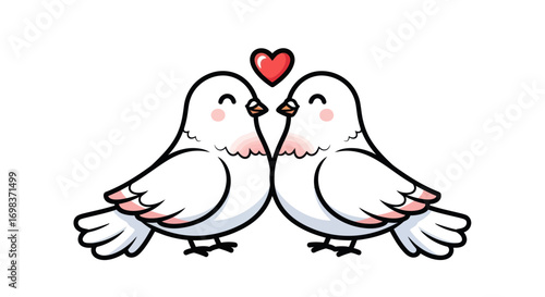 Two Cartoon Pigeons in Love with a Heart Above Them.