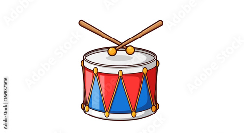 Cartoon illustration of a red and blue toy drum with drumsticks.