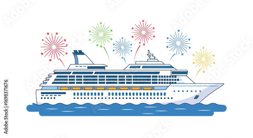 Festive Cruise Ship with Fireworks Display at Sea.