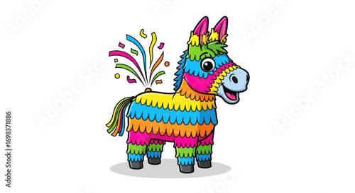 Colorful Cartoon Donkey Piñata with Streamers and Bright Stripes.