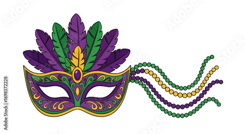 Ornate Mardi Gras Mask with Feathers and Beads.
