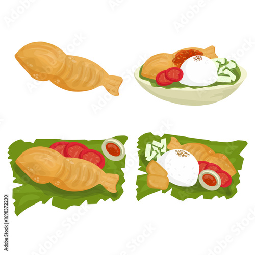 Fried fish and rice with vegetables, served on leaves and a plate.
