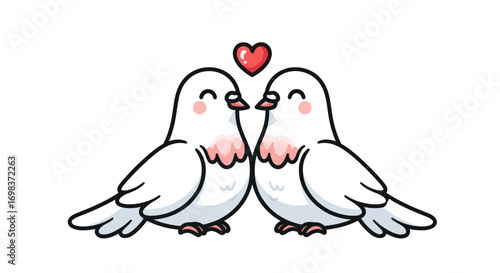 Two Cute Cartoon Pigeons in Love with Heart Above Them.