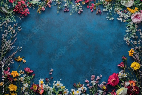A blue background with small red, white, and yellow flowers on the edges of the canvas, creating an elegant floral border for a photography backdrop.
