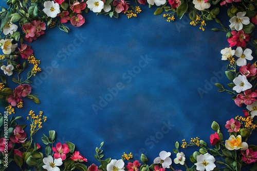 A blue background with small red, white, and yellow flowers on the edges of the canvas, creating an elegant floral border for a photography backdrop.