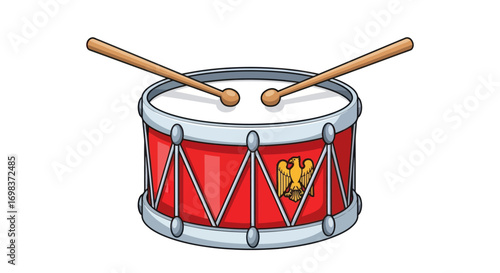 Vibrant Red Snare Drum with Wooden Drumsticks and Golden Emblem.