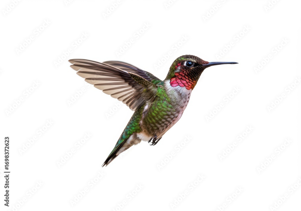 Fototapeta premium A vibrant hummingbird in flight, showcasing its intricate plumage and graceful form against a clean white background.