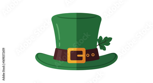 Green Leprechaun Hat with Brown Belt and Gold Buckle Shamrock Detail.
