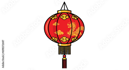 Traditional Red Chinese Lantern with Gold Dragon Design.