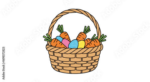 Woven Basket Filled with Fresh Carrots and Colorful Easter Eggs.