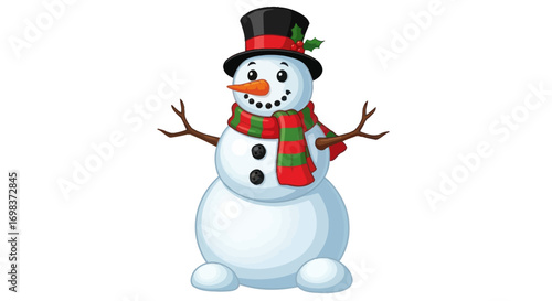 Cheerful cartoon snowman wearing a black top hat and a colorful striped scarf.