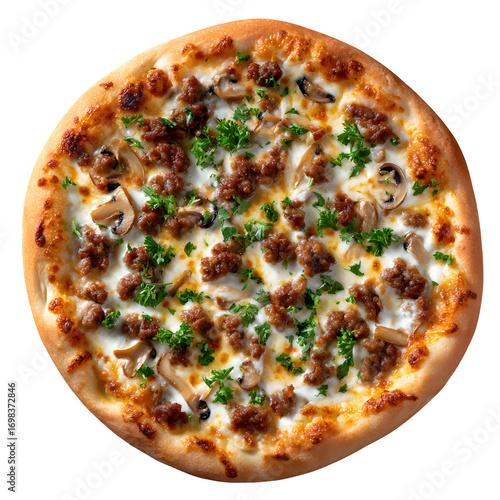 A top-down view of a Pizza Boscaiola. This rustic white pizza is topped with Italian sausage, mushrooms, mozzarella cheese, and fresh parsley.
