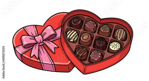 Heart-shaped box filled with assorted gourmet chocolates tied with a pink ribbon.
