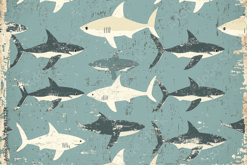 A midcentury-inspired design of small shark patterns on a textured retro background, with faded tones and a muted aesthetic