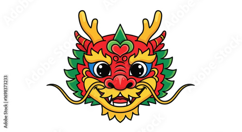 Vibrant Cartoon Chinese Dragon Head Illustration with Horns and Whiskers.