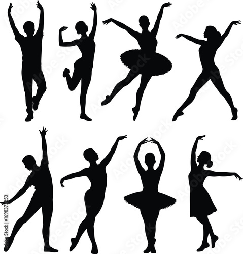 Silhouette of ballet dancers in elegant poses, performing classical dance, male and female ballerinas, isolated on white background, vector illustration