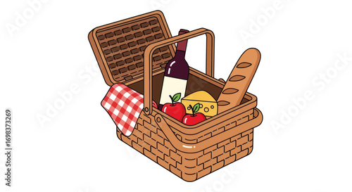 Wicker Picnic Basket Filled with Food and Drink Essentials.