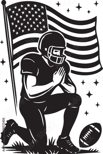 Football Player Kneeling with American Flag Silhouette Vector for Patriotism, Prayer, Protest, and Sportsmanship Themes