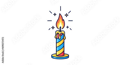 Colorful Striped Birthday Candle with Flickering Flame and Wax Drips.