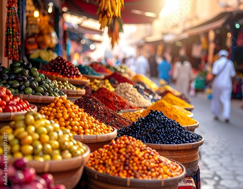 Traditional Moroccan-style market with food and crafts
