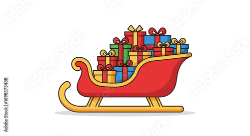 Festive Red Sleigh Overflowing with Colorful Christmas Presents.
