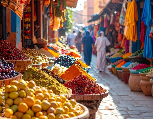 Traditional North African street market with spices and textiles