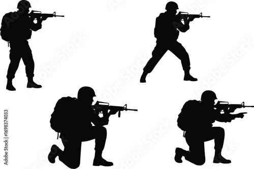 Silhouettes of soldiers in combat poses, ready for action.