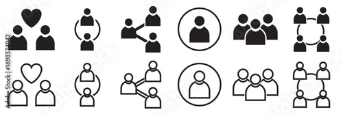 Community and teamwork line icon collection. Icons representing community, teamwork, collaboration, support, networking, and social interaction for digital projects and designs. vector illustration.