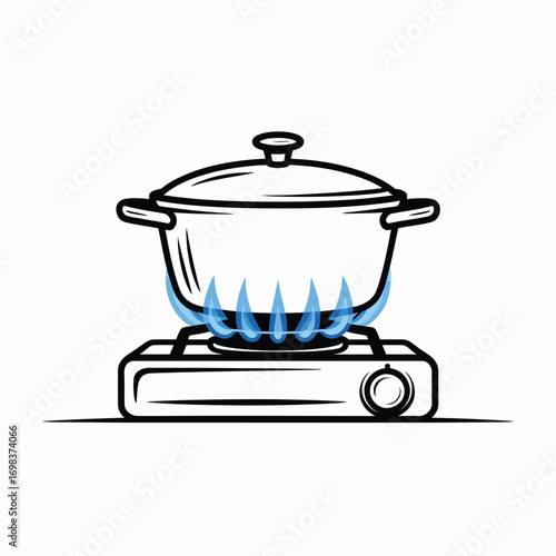 Minimalist line art cooking pot on gas stove illustration scalable vector graphic for eps format silhouette vector illustration white background