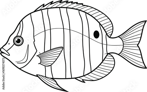 Simple black and white illustration of a striped tropical fish