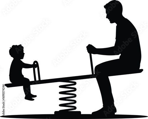 Silhouette of father and child playing on spring seesaw, bonding time at playground, family fun, parent and kid outdoor activity