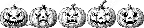 Collection of Halloween pumpkin faces showing different emotions. Black and white ink drawing illustration of carved gourds for holiday design