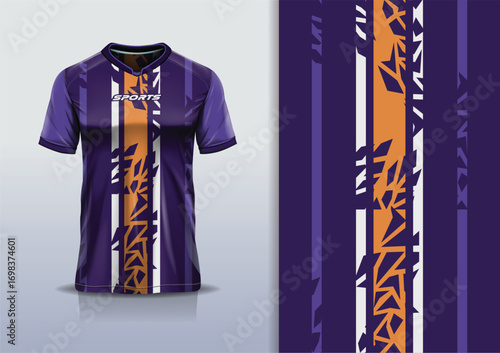 T-shirt mockup abstract line arrow jersey design for football, soccer, racing, esports, running, in orange purple color
