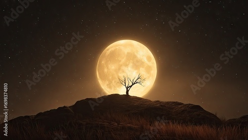 Solitary bare tree silhouetted against a giant glowing full moon.