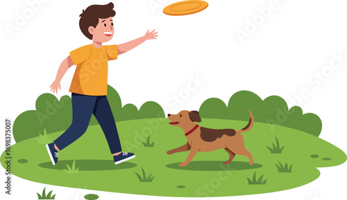 Boy throwing frisbee to brown dog playing outdoors in grassy park area with bushes vector illustration