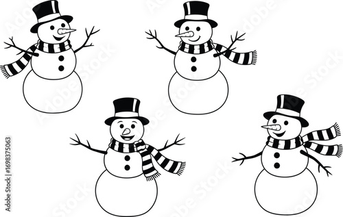 Whimsical snowmen celebrate winter holidays with cheerful smiles and striped scarves