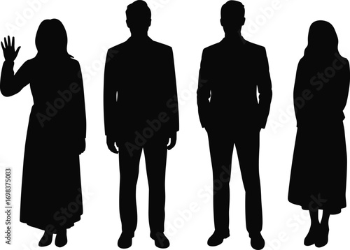 Silhouette of group of standing people, formal dress, isolated on white, men and women together, business, team, social gathering
