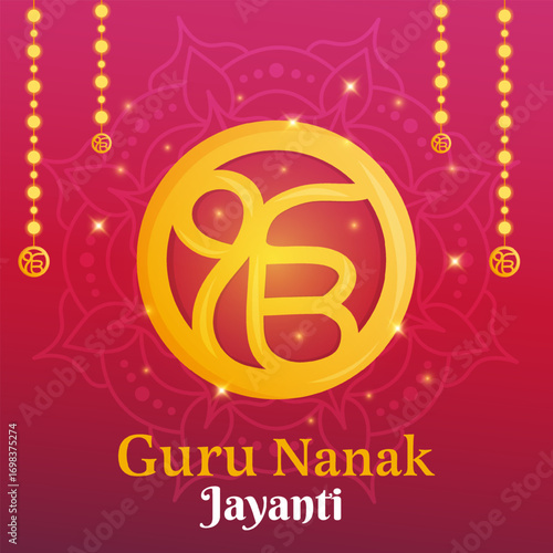 Guru Nanak Jayanti festival banner with golden Ik Onkar symbol and mandala vector illustration. Background  for Indian Sikh religious celebration design.