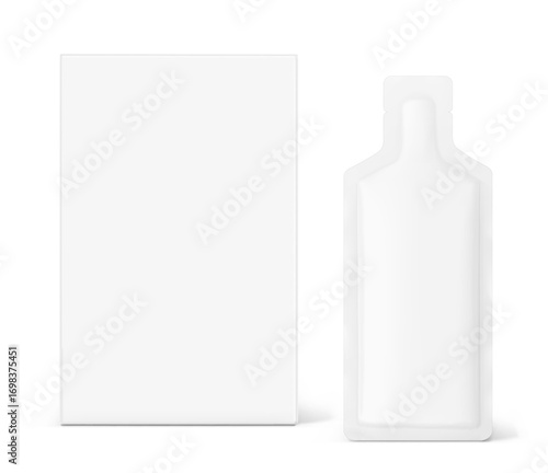 Sachet bag with paperboard box mockup for energy gels, sport nutrition, cosmetics, food. Vector illustration isolated on white background. Front view. Can be use for template your design. EPS10.