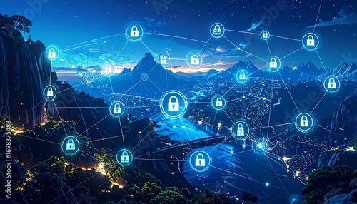 Wallpaper Mural A connected network overlay of padlocks over a valley and mountains at night Torontodigital.ca