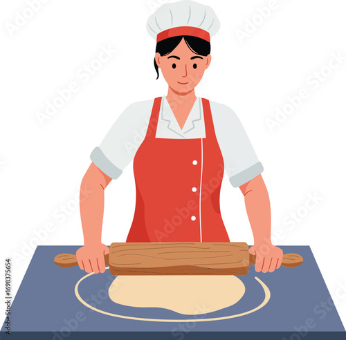 Female chef rolling dough on kitchen table preparing fresh pastry with wooden rolling pin in cooking process vector