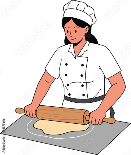 Female chef rolling dough with wooden rolling pin in kitchen preparing pastry or bread dough vector illustration