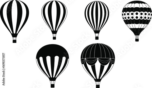 Collection of diverse hot air balloon designs in striking black and white.