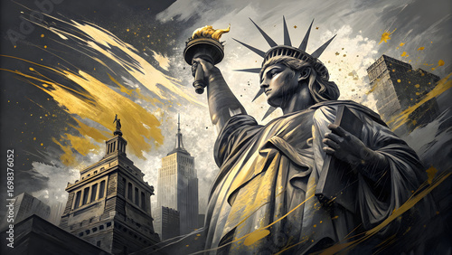 Statue of Liberty in New York City with abstract gold accents black