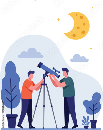 Two men observing sky through telescope night scene with moon and stars vector illustration