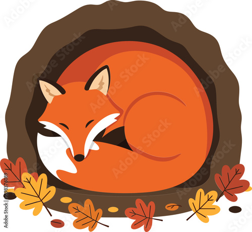 Sleeping fox curled in cozy den surrounded by autumn leaves vector illustration