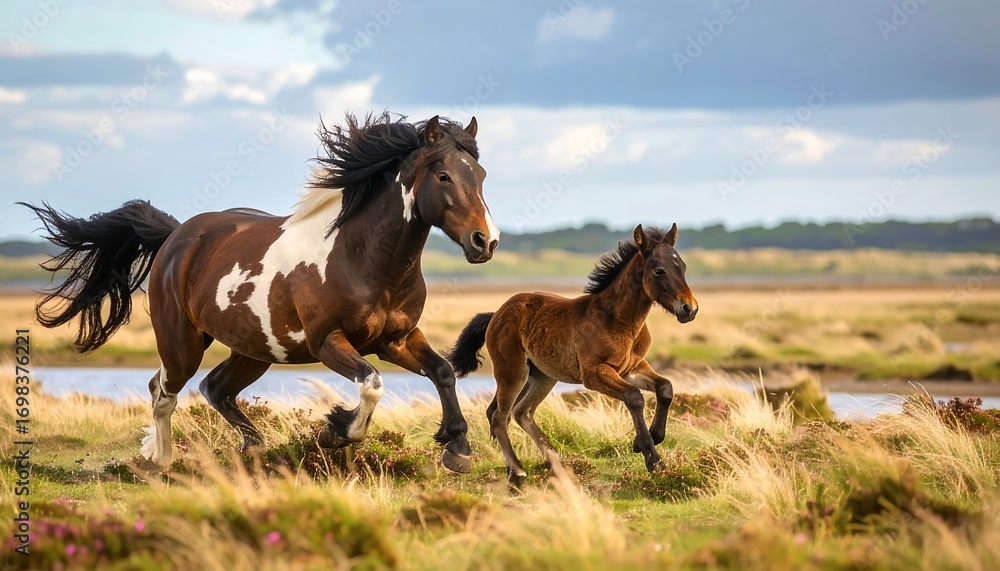 Obraz premium Two dappled horses, a mother and a foal, gallop across a golden meadow beside a tranquil waterway, displaying a sense of freedom and energy under a dramatic sky.