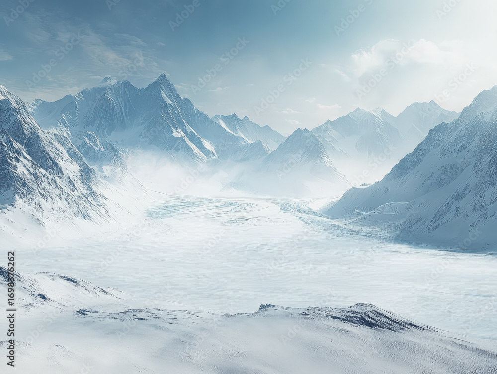 Obraz premium Majestic snow-covered mountains rise dramatically against a clear blue sky, showcasing the serene beauty of a winter landscape with vast icy terrain