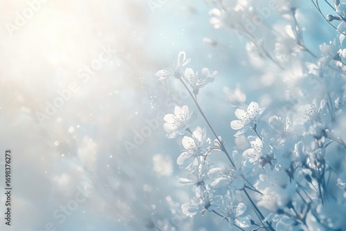 A close-up of delicate cherry blossoms in full bloom, with soft sunlight filtering through the petals.