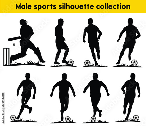 Set of eight male sports silhouette collection vector set. Cricket players in action with bats and balls, of soccer players in various kicking and running poses a grass backdrop.